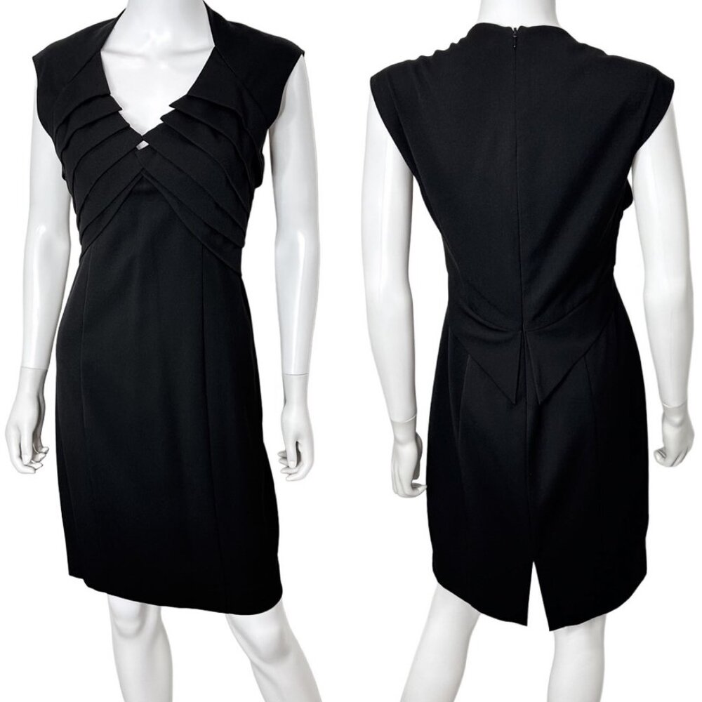 Black Halo Pleat Detail V-Neck Knee Length Sleeveless Sheath Dress in Black
